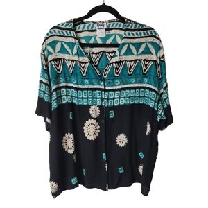 Tapestry Vintage Teal Blue and Black Oversized Button Down Shirt Size 2X